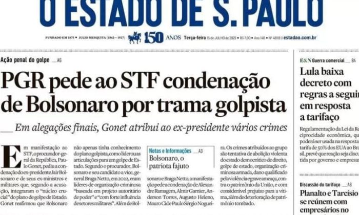 Capa do Estadão desta terça-feira (15/07)