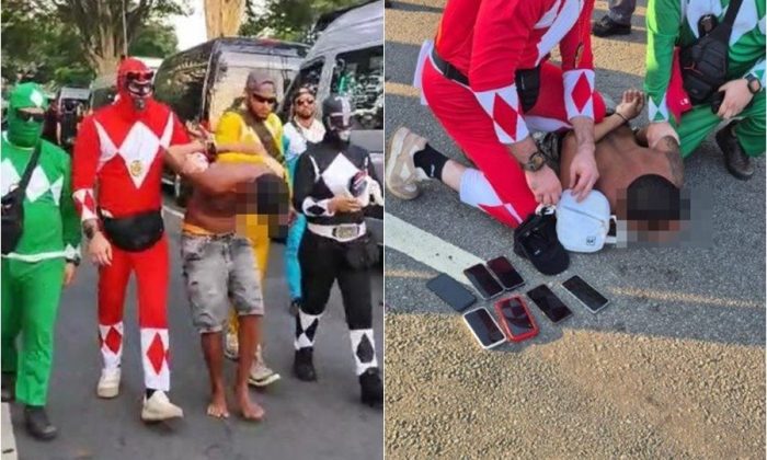 Policiais fantasiados de Power Rangers prendem homem com celulares roubados, em São Paulo (Foto: Divulgação/Polícia Civil de São Paulo)
