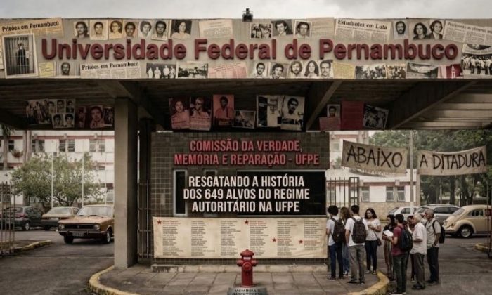 Do total de 649 integrantes da comunidade acadêmica alvos do regime militar, 132 foram presos ou detidos e 6 estudantes foram assassinados (Imagem:  Arte digital (IA) sobre foto da Reitoria da Universidade)