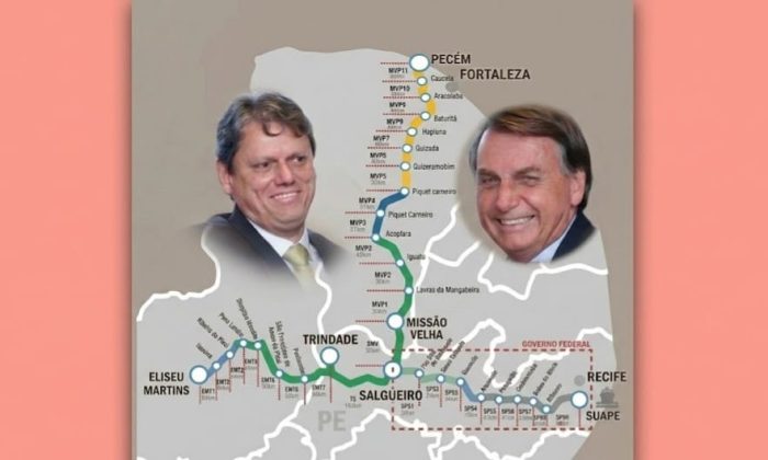 Trecho de Pernambuco constava do projeto original da Transnordestina: de Salgueiro, no Sertão Central, até o Porto de Suape, no Litoral Sul (Arte: Reprodução sobre traçado original da obra; fotos: Divulgação/PR)